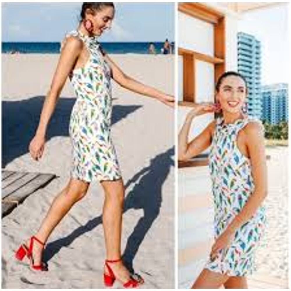 Larke Anthropologie sleeveless shift dress colorful parrots birds ruffle neck XS - Picture 3 of 9